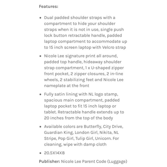 Nicole Lee USA Unicorn Rolling Large Backpack W Computer Compartment NWT - Picture 14 of 14